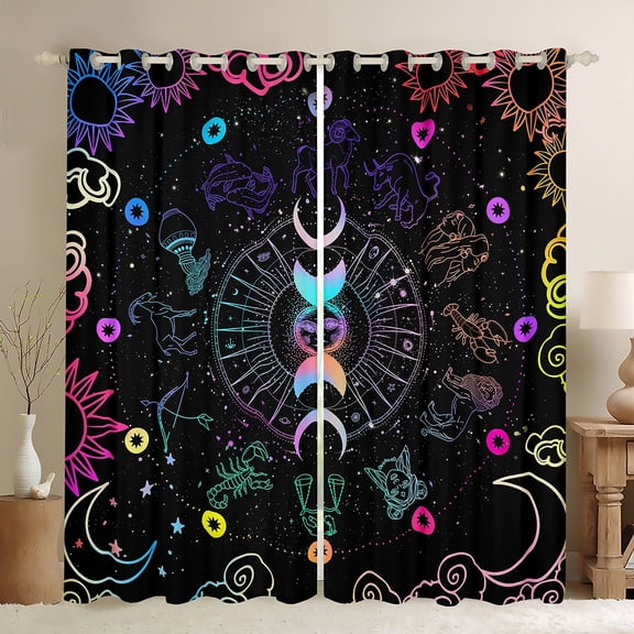 Homewish Kids Psychedelic Constellation Blackout Curtains Set of 2 (52x84 Each), Tribal Sun Moon Window Curtains, Glitter Stars Print Curtains and Drapes, Curtains Blackout Home Decor