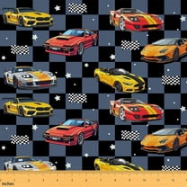 Homewish Kids Racing Car Fabric by the Yard 1 Yard, Extreme Sports Room Decor Fabric by the Yard, Vehicle Checkered Flag Sewing Fabric, Lightweight Room Decor