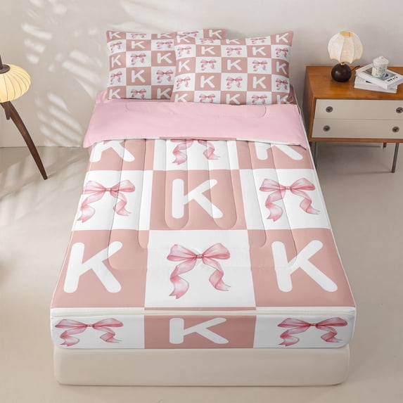 Homewish Kids Ribbon Bowknot Zipper Full Size Comforter Sets with Fitted Sheet and 2 Pillowcases,Pink First Letter K Zipper Bedding Set For Girls,Pink Reversible,4 Pieces