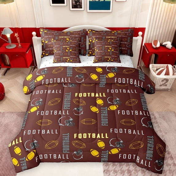 Homewish Kids Rugby Football 7pcs Bedding Comforter Set,American Sport Theme Queen Bedding Sets,Yellow Red Black Queen Sheet Sets For Boy,Microfiber Bedroom Decor Reversible