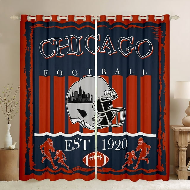 Homewish Kids Rugby Game Blackout Curtains Set of 2 (52x84 Each),Chicago City Silhouette Window Curtains,Red Deepblue Gray Curtains and Drapes For Teens,Ultra Soft Home Decor