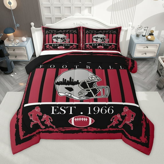 Homewish Kids Rugby Game Queen Comforter Set,Atlanta City Silhouette Bedding Sets,Red Black Bedding Comforter Set For Teens,Ultra Soft Home Decor Reversible,3 Pieces