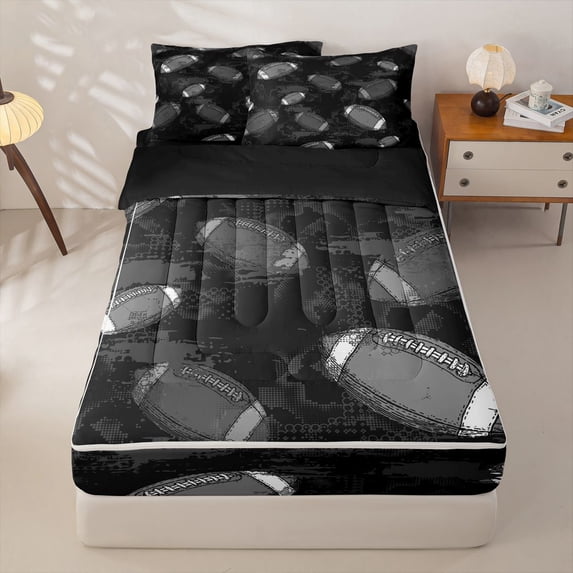 Homewish Kids Rugby Zipper Full Size Comforter Sets with Fitted Sheet and 2 Pillowcases For Boys,Sports Theme Zipper Bedding Set,Black Gray,Black Reversible,4-Piece