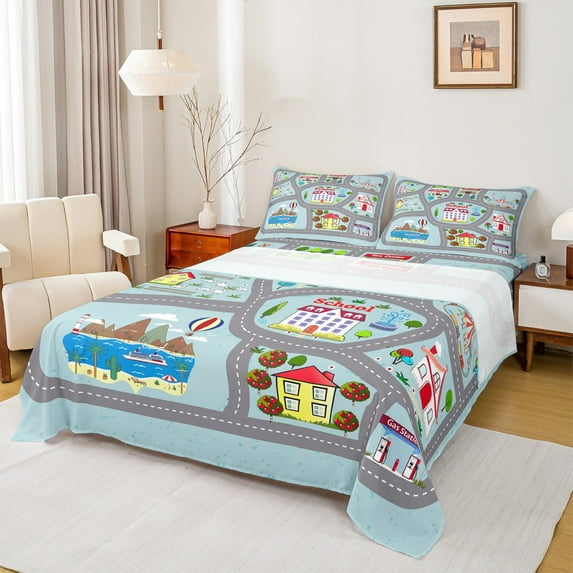 Homewish Kids School Full Size Sheets,Rustic Farmhouse Cabin Bed Sheets,Hawaii Sea Beach Sheet Sets For Girls Kids,Super Cozy Room Decor,4 Pieces