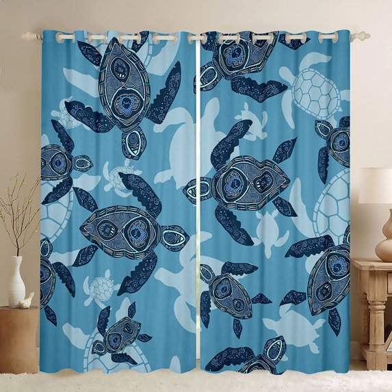 Homewish Kids Sea Turtle Black Out Curtains, Navy Marine Seallife Curtains Pack of 2 (42x63 Each), Bohemian Damask Flower Bedroom Curtains, Living Room Curtains Decor