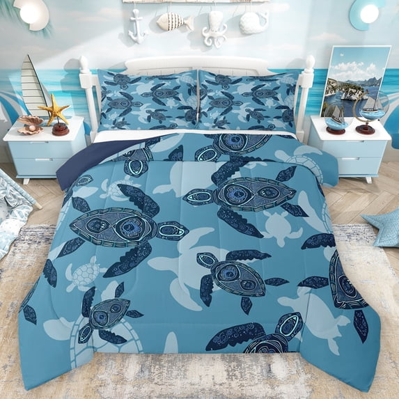 Homewish Kids Sea Turtle Queen Comforter Set, Navy Marine Seallife Bedding Sets, Bohemian Damask Flower Reversible Bedding Comforter Set, Super Cozy Room Decor, 3 Pieces