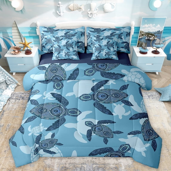 Homewish Kids Sea Turtle Twin Bedding Sets 7-Piece, Navy Marine Seallife Bedding Comforter Set, Bohemian Damask Flower Reversible Sheet Sets, Super Cozy Room Decor