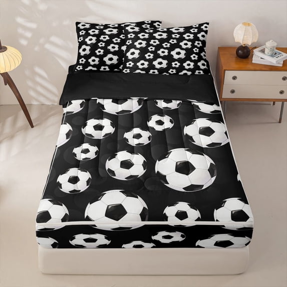 Homewish Kids Soccer Sport Zipper Full Size Comforter Sets with Fitted Sheet and 2 Pillowcases,Boys Football Ball Games Zipper Bedding Set,Black Reversible,4-Piece