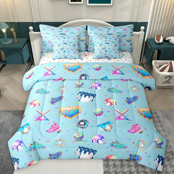 Homewish Kids Sport Game 7-Piece Bedding Comforter Set,Baseball Lover King Bedding Sets,Multicolor Graffiti Bed Sheets For Girl Teens,Microfiber Bedroom Decor Reversible