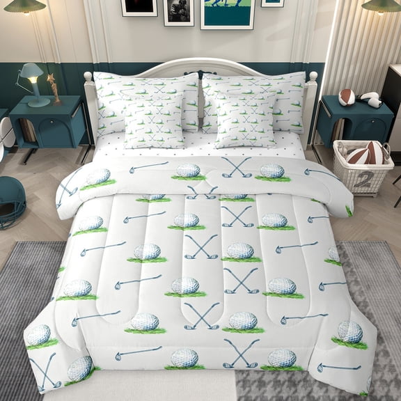 Homewish Kids Sport Game 7-Piece Bedding Comforter Set,Golf Ball King Bedding Sets,Gray White Green Bed Sheets For Kids Boy,Microfiber Bedroom Decor Reversible
