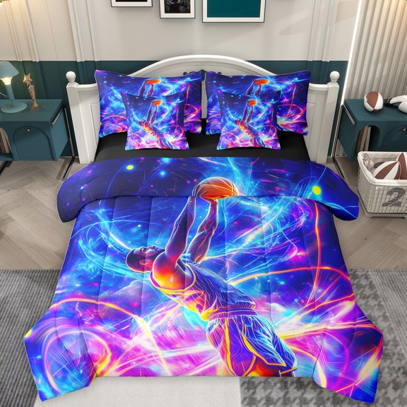 Homewish Kids Sport Game 7-Piece Twin Bedding Sets,Baseketball Lover Bedding Comforter Set,Neon Purple Blue Sheet Sets For Boys Teens,Microfiber Bedroom Decor Reversible