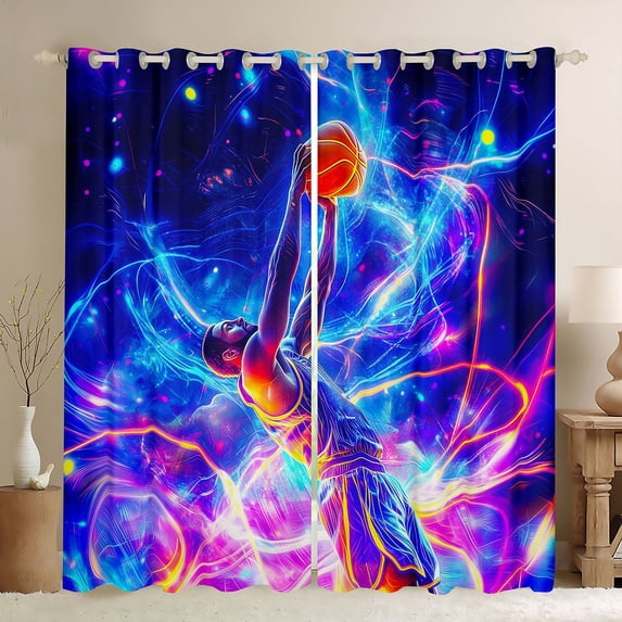 Homewish Kids Sport Game Blackout Curtains Set of 2 (52x84 Each),Baseketball Lover Window Curtains,Neon Purple Blue Curtains and Drapes For Boys Teens,Microfiber Bedroom Decor