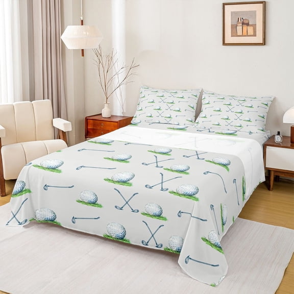 Homewish Kids Sport Game Full Size Sheets,Golf Ball Bed Sheets,Gray White Green Sheet Sets For Kids Boy,Microfiber Bedroom Decor,4 Pieces