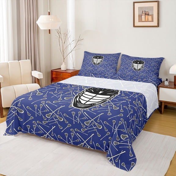 Homewish Kids Sport Game Full Size Sheets,Lacrosse Lover Bed Sheets,Blue Black Sheet Sets For Boys Teens,Microfiber Bedroom Decor,4pcs