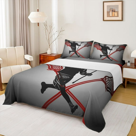 Homewish Kids Sport Game Full Size Sheets,Lacrosse Lover Bed Sheets,Gray Black Red Sheet Sets For Boys Teens,Microfiber Bedroom Decor,4-Piece