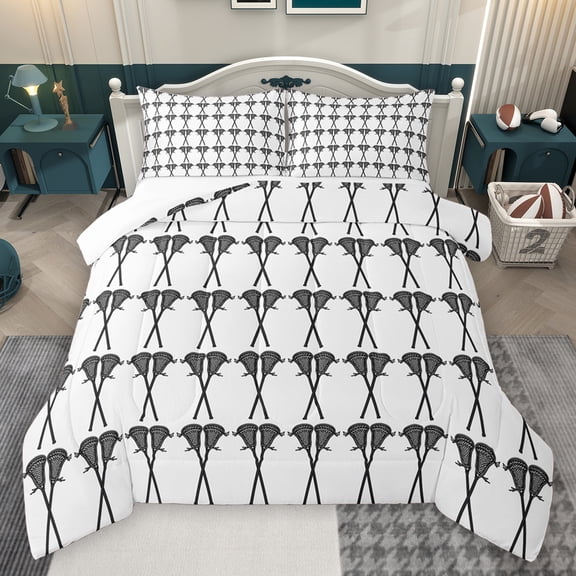 Homewish Kids Sport Game Queen Comforter Set,Lacrosse Lover Bedding Sets,White Black Bedding Comforter Set For Boys Teens,Microfiber Bedroom Decor,3pcs