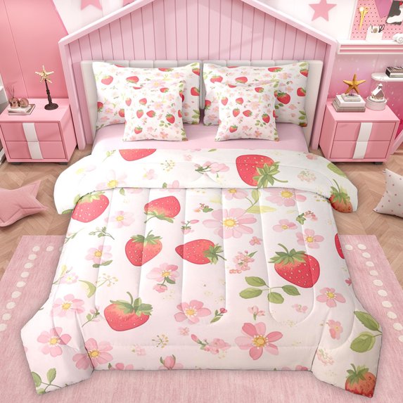 Homewish Kids Strawberry Fruit Bedding Comforter Set 7pcs, Pink Blossoms Flower Queen Bedding Sets, Princess Cartoon Theme Reversible Queen Sheet Sets, Lightweight Room Decor