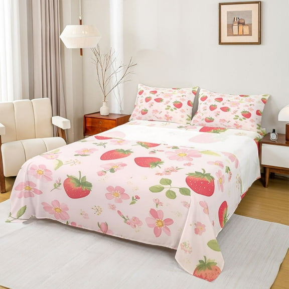 Homewish Kids Strawberry Fruit Twin Sheet Sets, Pink Blossoms Flower Twin Fitted Sheet, Princess Cartoon Theme Flat Sheet, Lightweight Room Decor, 3pcs