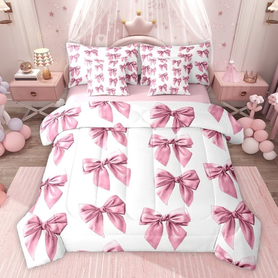Homewish Kids Teenagers Cute Ribbon Bowtie Bedding Comforter Set 7 Pieces,Cartoon Bow Knot Full Bedding Set Lightweight,Dreamy Princess Bow Fitted Sheet Flat Sheet,Lightweight Room Decor