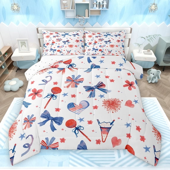 Homewish Kids Teenagers Girls Cartoon Bow Knot 3 Pieces Queen Comforter Set,USA Flag Firework Ultra Soft Bedding Sets,Independence Day Bedding Comforter Set Breathable,Microfiber Bedroom Decor