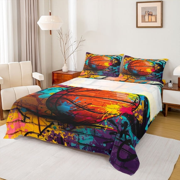 Homewish Kids Teenagers Sport Basketball Print Twin Sheet Sets 3pcs,Abstract Football Gamer Twin Fitted Sheet Microfiber,Watercolor Graffiti Splash Breathable Flat Sheet,Ultra Soft Home Decor