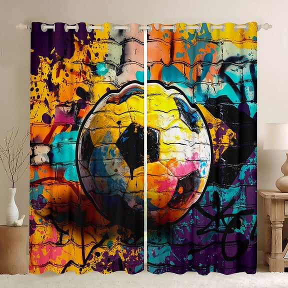 Homewish Kids Teenagers Sport Soccer Print Black Out Curtains,Abstract Football Gamer Curtains Pack of 2 (42x63 Each),Watercolor Graffiti Splash Bedroom Curtains,Ultra Soft Home Decor