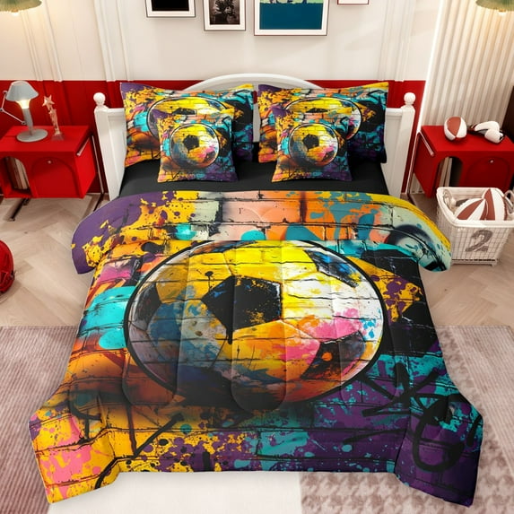 Homewish Kids Teenagers Sport Soccer Print Twin Bedding Sets 7-Piece,Abstract Football Gamer Bedding Comforter Set Microfiber,Watercolor Graffiti Splash Breathable Sheet Sets