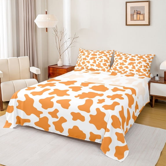 Homewish Kids Teens Abstract Cattle Print 4pcs Bed Sheets,Orange White King Sheets,Animal Cow Super Cozy Sheet Set,Microfiber Bedroom Decor