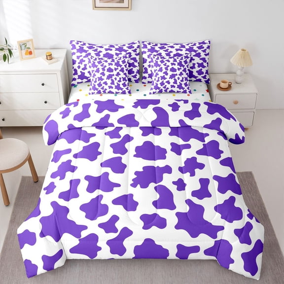 Homewish Kids Teens Abstract Cattle Print Bedding Comforter Set 7-Piece,Purple White King Bedding Sets,Animal Cow Ultra Soft Bed Sheets,Microfiber Bedroom Decor,Reversible