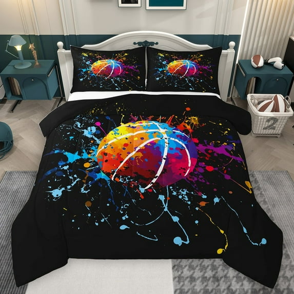 Homewish Kids Teens Basketball Print Bedding Comforter Set 2pcs,Sport Gamer Twin Comforter Sets Microfiber,Graffiti Splash Breathable Bedding Set,Microfiber Bedroom Decor,Reversible