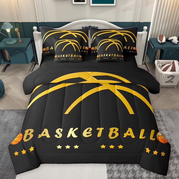 Homewish Kids Teens Basketball Print Bedding Comforter Set 7-Piece,Sport Theme King Bedding Sets,Ball Gamer Ultra Soft Bed Sheets,Microfiber Bedroom Decor,Reversible