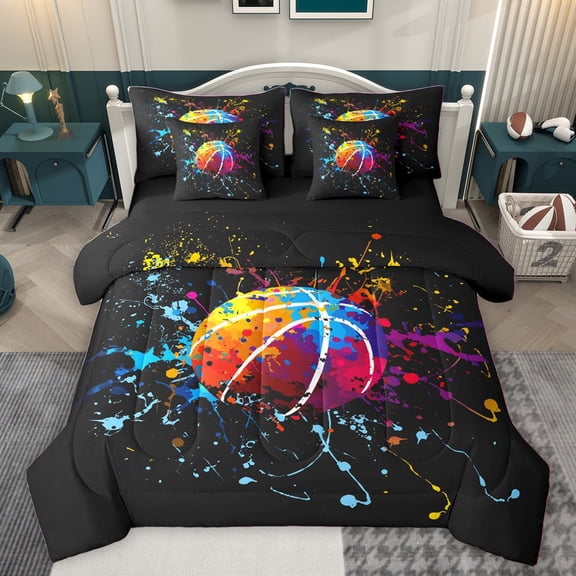 Homewish Kids Teens Basketball Print Twin Bedding Sets 7-Piece,Sport Gamer Bedding Comforter Set Microfiber,Graffiti Splash Breathable Sheet Sets,Microfiber Bedroom Decor,Reversible
