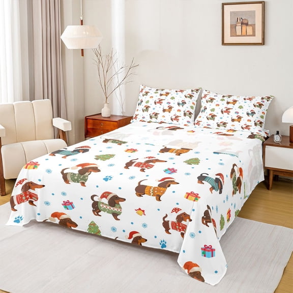 Homewish Kids Teens Cartoon Dachshund Twin Sheet Sets 3pcs,Merry Christmas Twin Fitted Sheet Microfiber,Polka Dots Breathable Flat Sheet,Microfiber Bedroom Decor