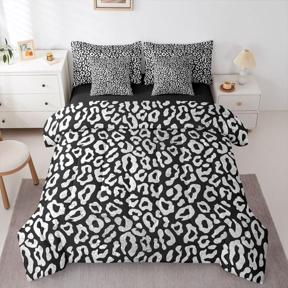 Homewish Kids Teens Cheetah Print Bedding Comforter Set 7-Piece,Black White King Bedding Sets,Animal Leopard Ultra Soft Bed Sheets,Microfiber Bedroom Decor,Reversible