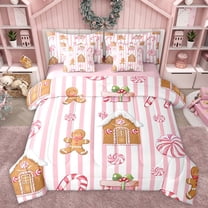 Homewish Kids Teens Christmas Gingerbread Man Twin Bedding Sets 7-Piece,Pink Geometric Stripes Bedding Comforter Set Microfiber,Xmas Candy Cane Breathable Sheet Sets,Ultra Soft Home Decor,Reversible