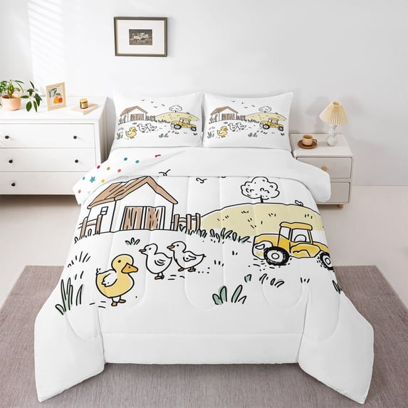 Homewish Kids Teens Cute Farmhouse Animal Duck Bedding Comforter Set 2pcs,Cartoon Truck Twin Comforter Sets Microfiber,Kawaii Cottage Cabin Breathable Bedding Set,Microfiber Bedroom Decor