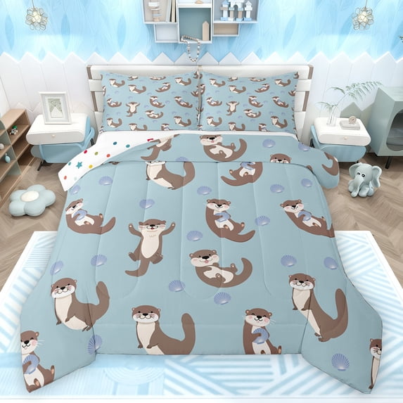 Homewish Kids Teens Cute Otter Full Size Comforter Sets 3-Piece,Cartoon Animal Bedding Comforter Set,Kawaii Wildlife Lightweight Bedding Sets,Microfiber Bedroom Decor,Reversible