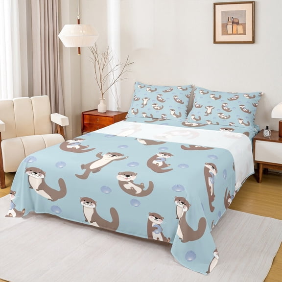 Homewish Kids Teens Cute Otter Full Size Sheets 4-Piece,Cartoon Animal Breathable Bed Sheets,Kawaii Wildlife Lightweight Sheet Sets,Microfiber Bedroom Decor