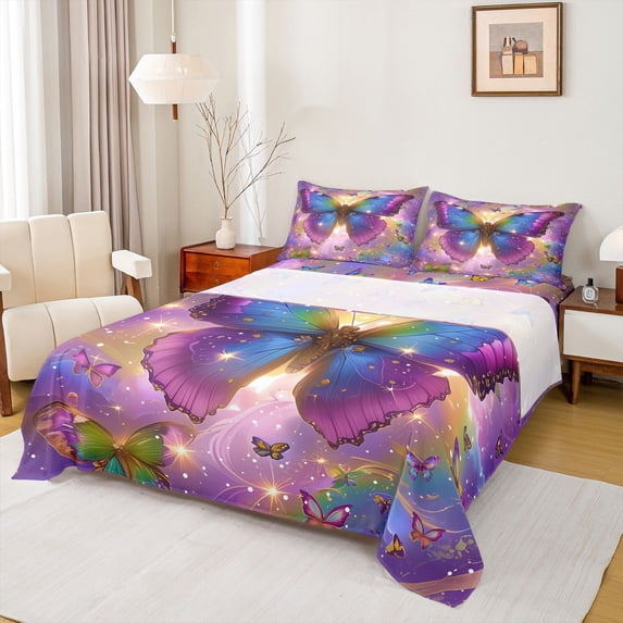 Homewish Kids Teens Flying Butterflies 4 Pieces Queen Sheet Sets,Abstract Gradient Ultra Soft Flat Sheet,Dreamy Princess Queen Fitted Sheet,Ultra Soft Home Decor