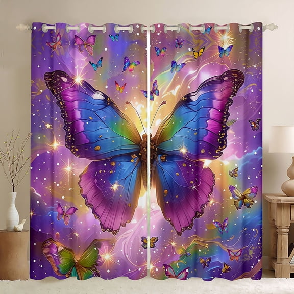 Homewish Kids Teens Flying Butterflies Blackout Curtains Set of 2 (52x84 Each),Abstract Gradient Window Curtains,Dreamy Princess Curtains and Drapes,Ultra Soft Home Decor