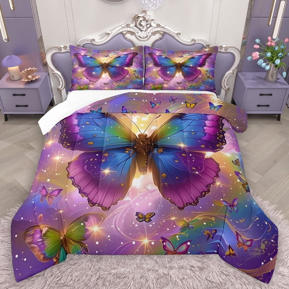 Homewish Kids Teens Flying Butterflies Full Size Comforter Sets 3-Piece,Abstract Gradient Bedding Comforter Set,Dreamy Princess Lightweight Bedding Sets,Ultra Soft Home Decor