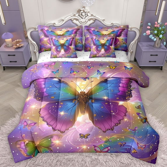 Homewish Kids Teens Flying Butterflies Twin Bedding Sets 7-Piece,Abstract Gradient Bedding Comforter Set Microfiber,Dreamy Princess Breathable Sheet Sets,Ultra Soft Home Decor,Reversible