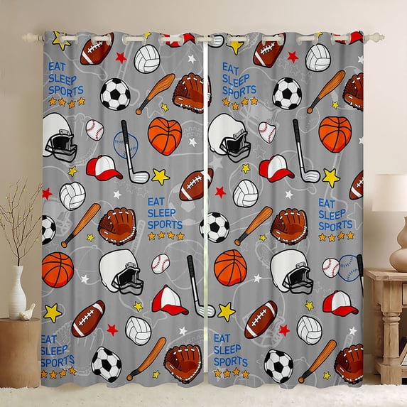 Homewish Kids Teens Football Basketball Soccer Print Curtains Pack of 2 (42x84 Each),Eat Sleep Sports Curtains Blackout,Ball Gamer Bedroom Curtains,Microfiber Bedroom Decor