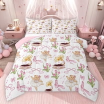 Homewish Kids Teens Girls Cartoon Ballet Bear Bedding Comforter Set 2pcs,Kawaii Floral Bowknot Twin Comforter Sets Microfiber,Dreamy Princess Breathable Bedding Set,Microfiber Bedroom Decor