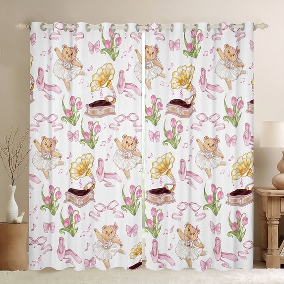 Homewish Kids Teens Girls Cartoon Ballet Bear Black Out Curtains,Kawaii Floral Bowknot Curtains Pack of 2 (42x63 Each),Dreamy Princess Bedroom Curtains,Microfiber Bedroom Decor
