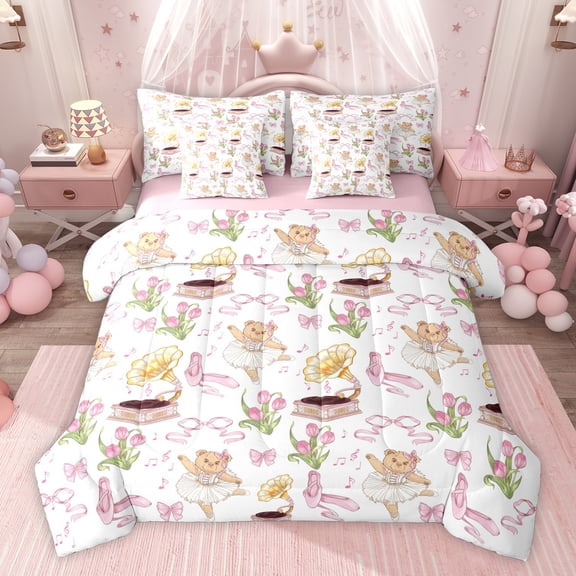 Homewish Kids Teens Girls Cartoon Ballet Bear Twin Bedding Sets 7-Piece,Kawaii Floral Bowknot Bedding Comforter Set Microfiber,Dreamy Princess Breathable Sheet Sets,Microfiber Bedroom Decor