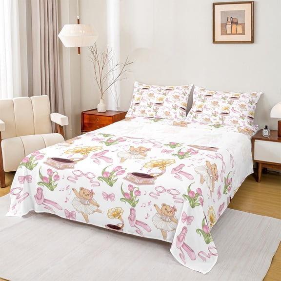 Homewish Kids Teens Girls Cartoon Ballet Bear Twin Sheet Sets 3pcs,Kawaii Floral Bowknot Twin Fitted Sheet Microfiber,Dreamy Princess Breathable Flat Sheet,Microfiber Bedroom Decor