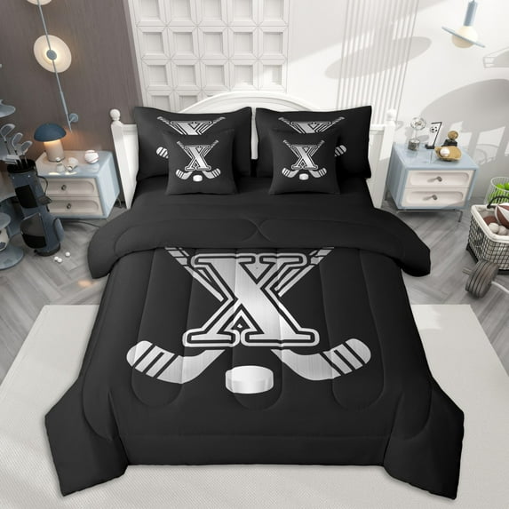 Homewish Kids Teens Ice Hockey Bedding Comforter Set 7-Piece for Boys Girls, Black Gray Monogrammed King Bedding Sets, Sports Theme Bed Sheets, Ultra Soft Home Decoration
