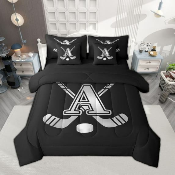 Homewish Kids Teens Ice Hockey Twin Bedding Sets 7-Piece for Boys Girls, Black Gray Monogrammed Bedding Comforter Set, Sports Theme Sheet Sets, Soft Home Decor