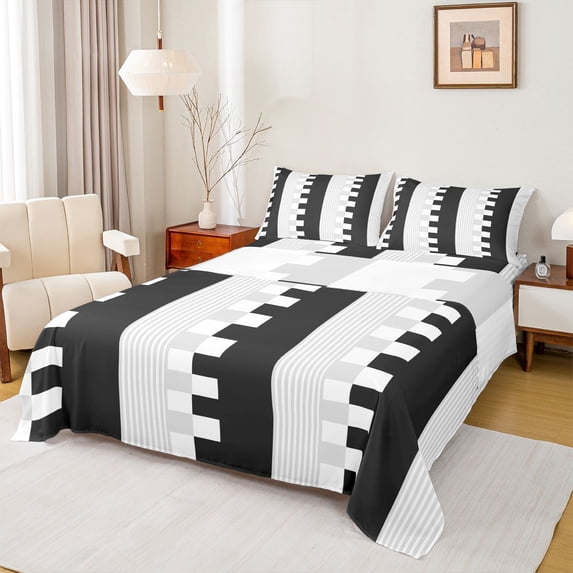 Homewish Kids Teens Minimalist Plaid Gird 4 Pieces Queen Sheet Sets,Geometric Checkered Ultra Soft Flat Sheet,Vintage Aesthetic Queen Fitted Sheet,Breathable Home Decor